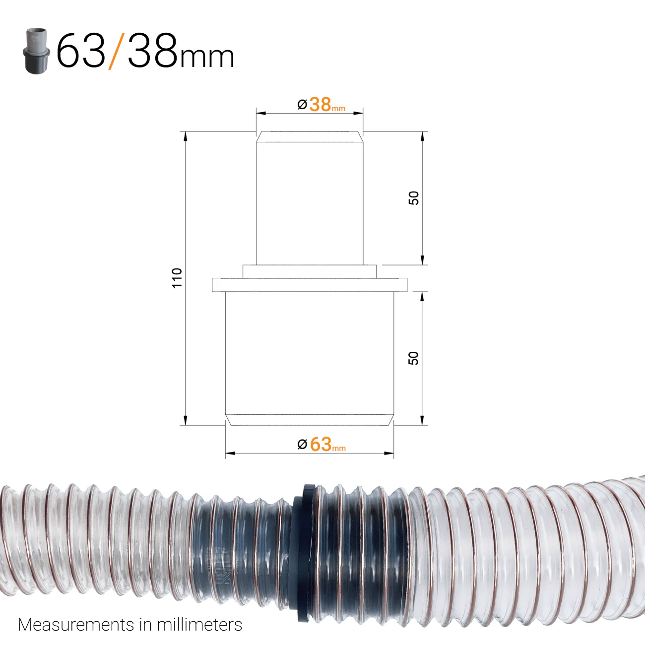 Dust Extraction Hose Reducer – 63 mm (2.5") to 50/45/40/38 mm - Image 5