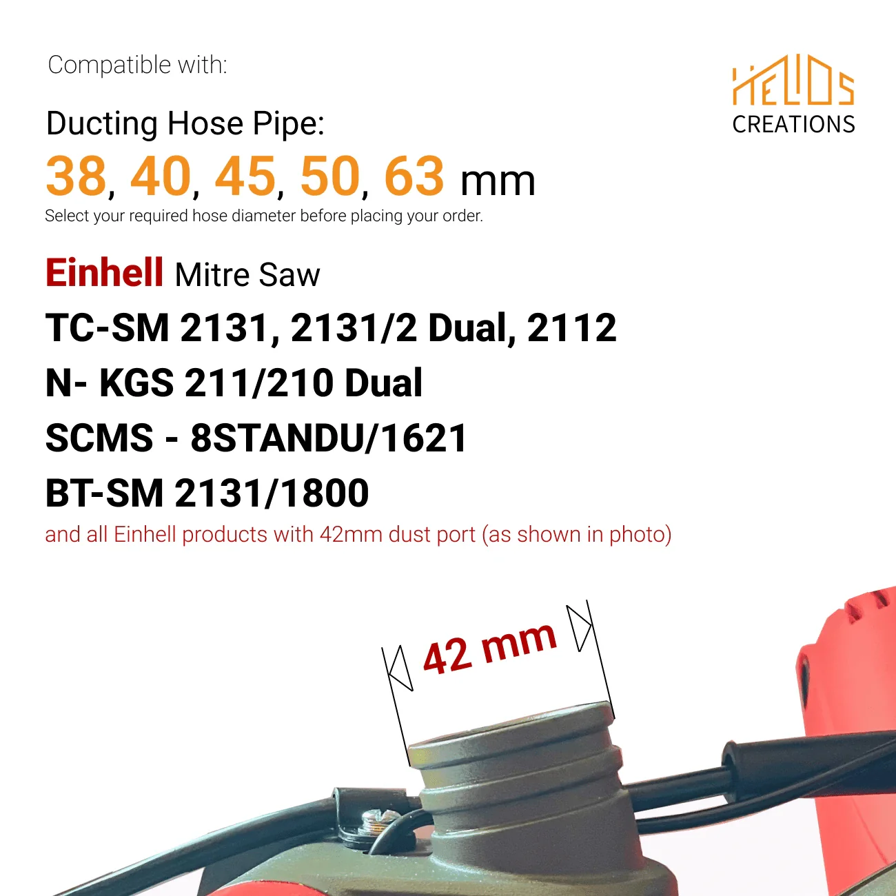 Einhell Mitre Saw Dust Port Adapter to 38, 40, 45, 50, 63 mm Hose Pipe - Image 2