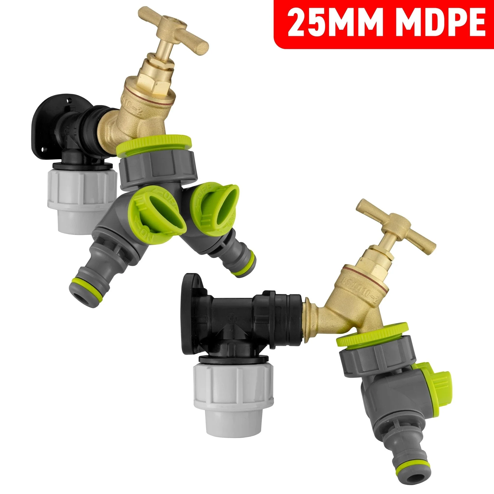 Wall Flange Kit 25mm MDPE + Brass Bib Tap + Lime Two Way Tap Splitter - Image 7