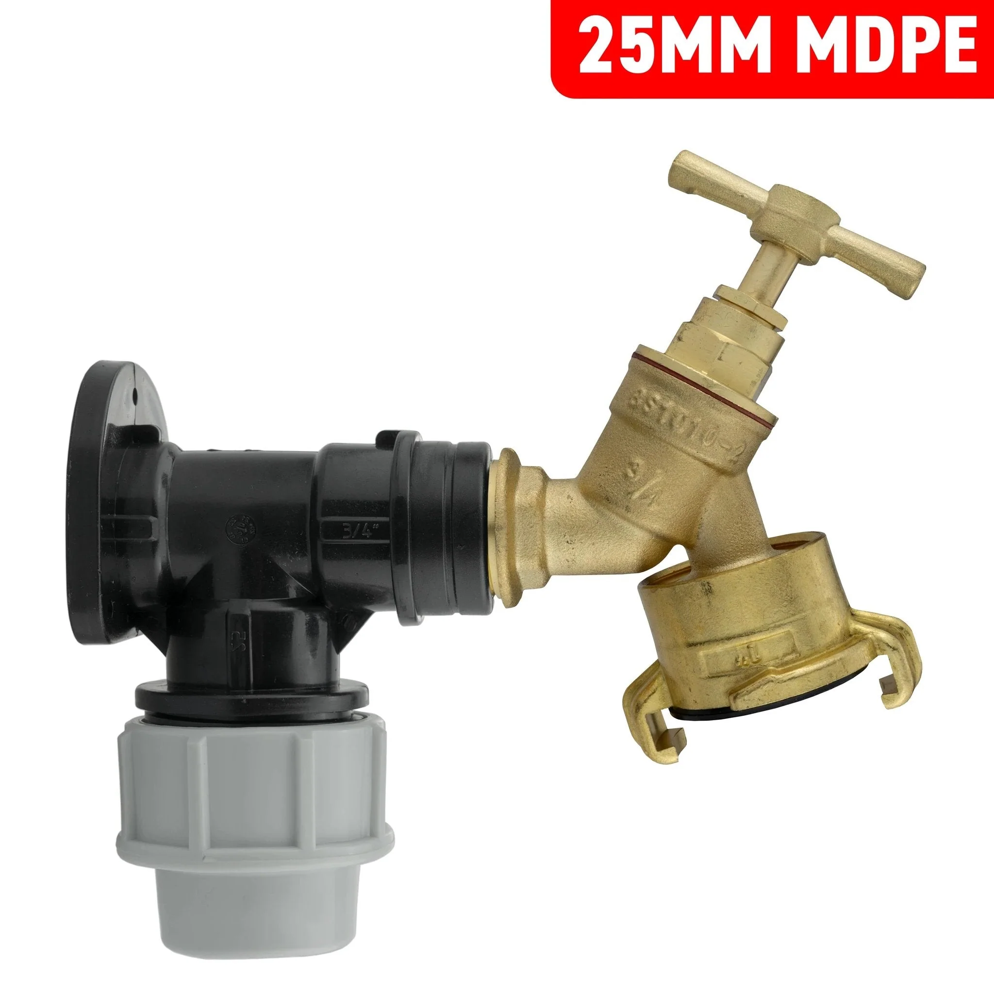 Wall Flange Kit 25mm MDPE + Brass Bib Tap with Geka Claw Outlet - Image 2