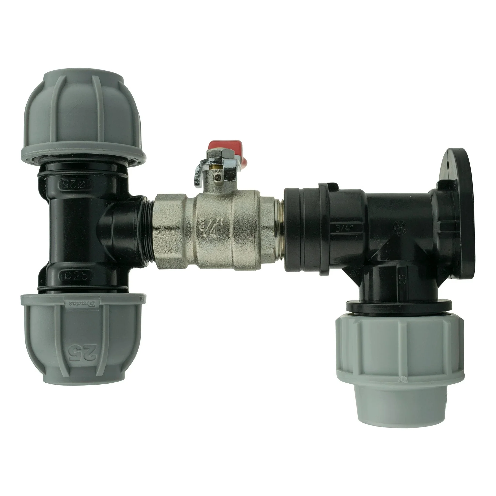 Wall Flange Kit 25mm MDPE + Lever Valve + 25mm MDPE Tee - Image 2