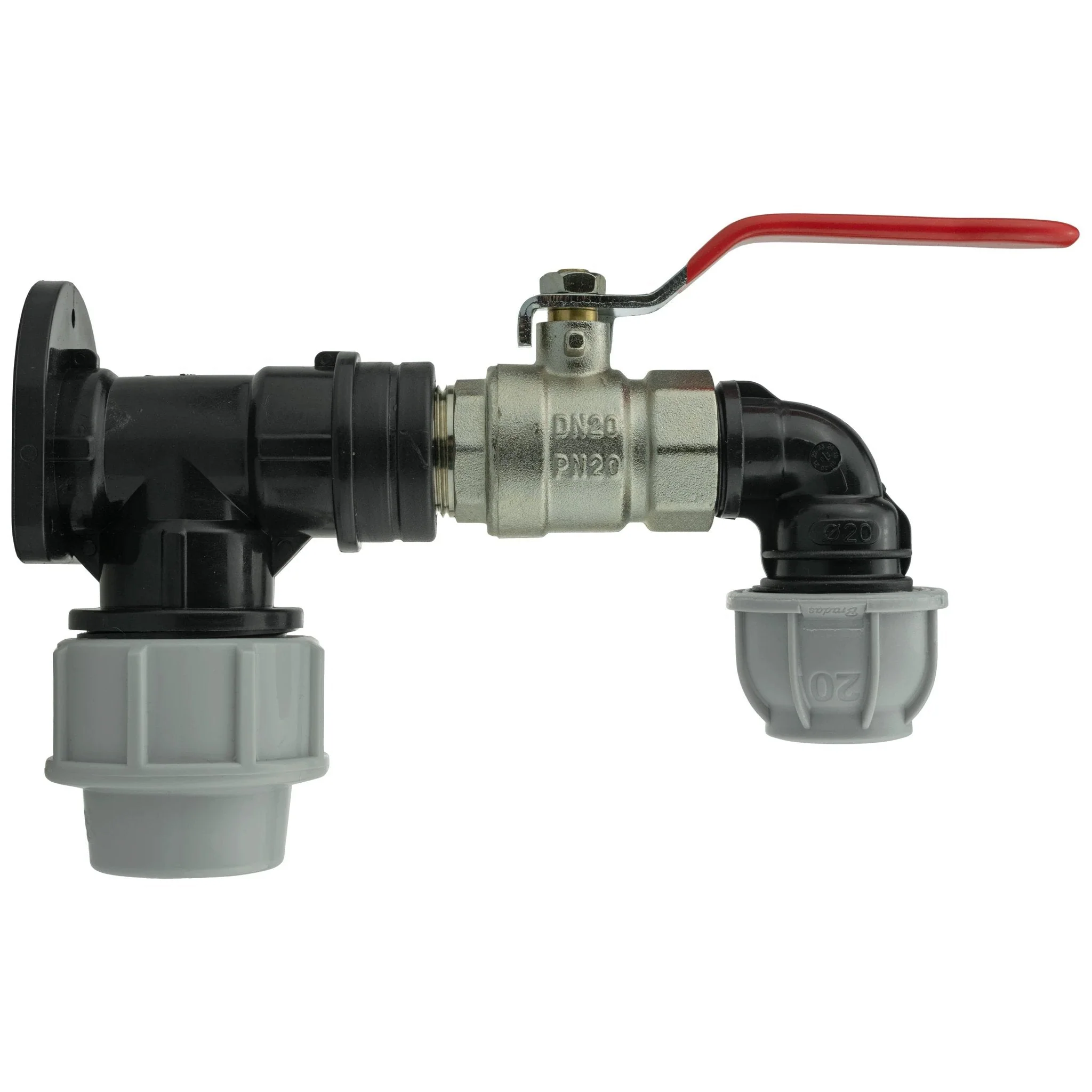 Wall Flange Kit 32mm MDPE + Lever Valve + 20mm MDPE Elbow