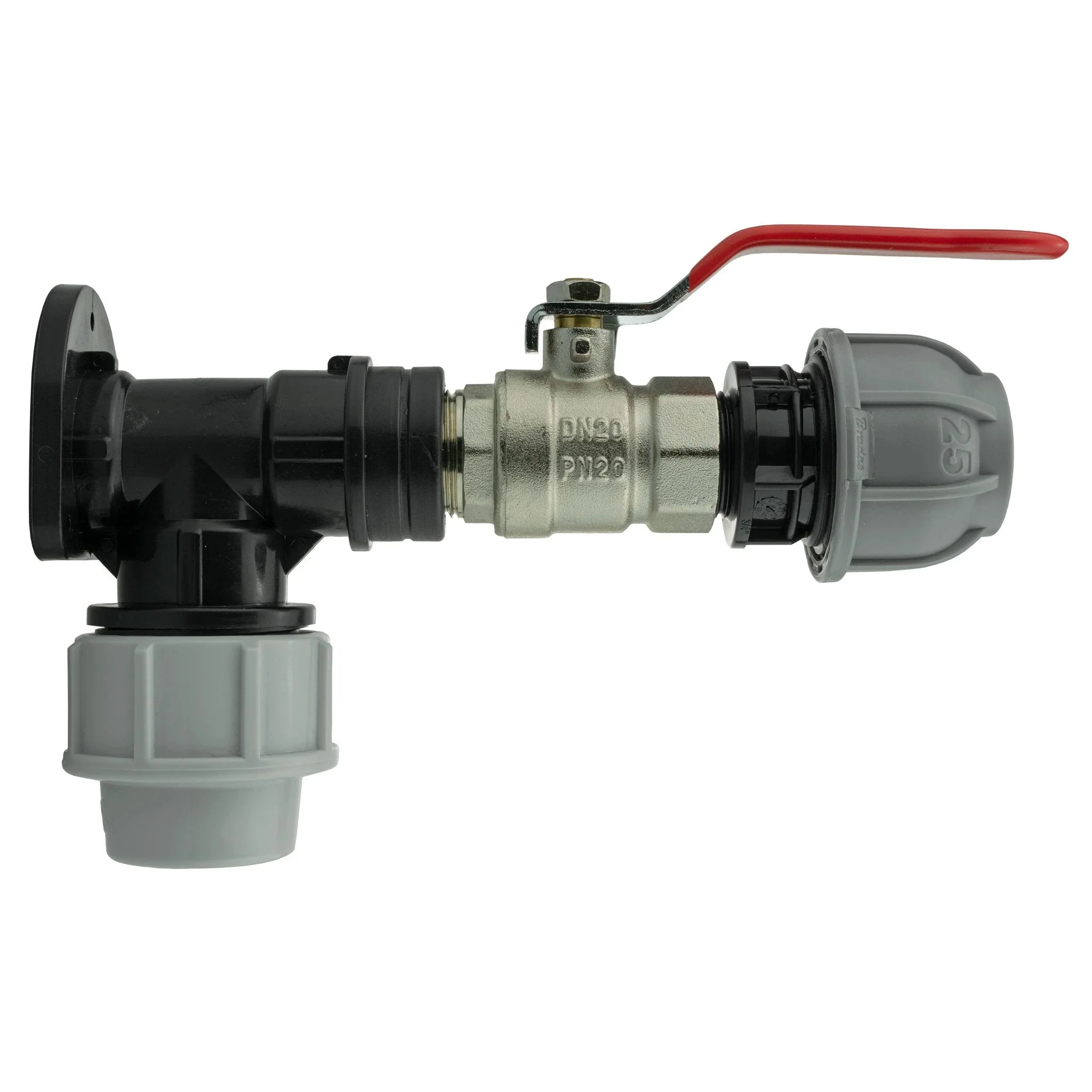 Wall Flange Kit 32mm MDPE + Lever Valve + 25mm MDPE Straight